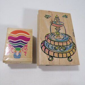 Rubber Stamps Wood Mounted Large Fountain, Hot Air Balloon